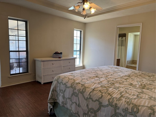 2317 Cliffside Dr, Plano, TX 75023 - bedroom with dark wood-style floors, ornamental molding, a raised ceiling, baseboards, and ceiling fan