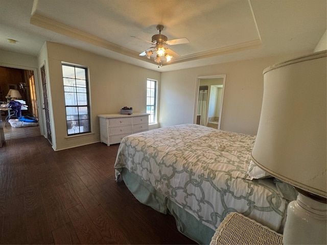 2317 Cliffside Dr, Plano, TX 75023 - bedroom with a raised ceiling, dark wood finished floors, ornamental molding, and a ceiling fan