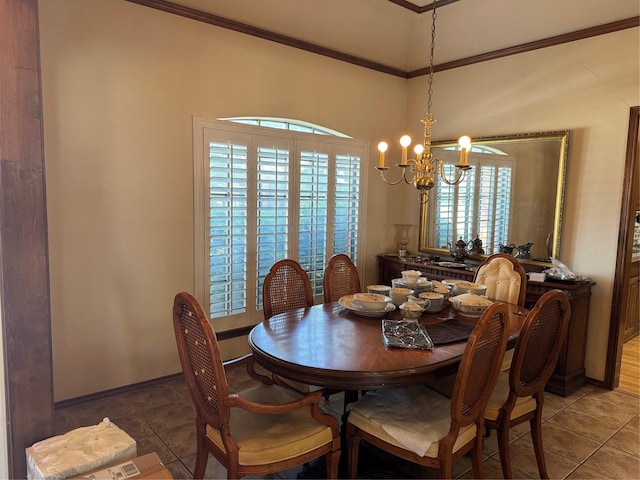 2317 Cliffside Dr, Plano, TX 75023 - dining room featuring a chandelier, light tile patterned flooring, crown molding, and baseboards