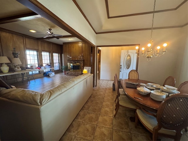 2317 Cliffside Dr, Plano, TX 75023 - kitchen with tile countertops, a chandelier, ceiling fan, a towering ceiling, and tile patterned flooring