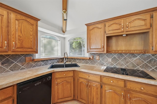 1521 Treeline Dr, Desoto, TX 75115 - kitchen with black appliances, a sink, backsplash, light countertops, and brown cabinetry