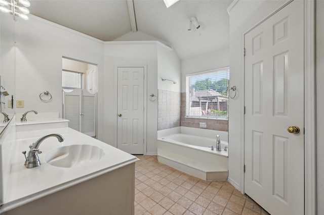 1521 Treeline Dr, Desoto, TX 75115 - bathroom featuring lofted ceiling, a bath, double vanity, and a shower