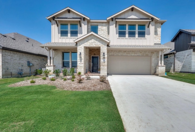 1824 Rachel St, Northlake, TX 76247 - view of front of house with board and batten siding, stone siding, a garage, driveway, and a front yard