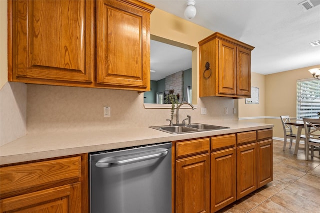 10400 Marigold Rd, Waco, TX 76708 - kitchen featuring stainless steel dishwasher, a sink, brown cabinetry, light countertops, and decorative backsplash
