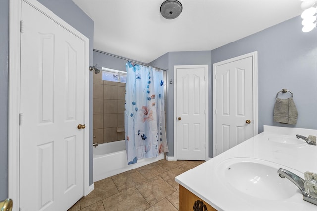 10400 Marigold Rd, Waco, TX 76708 - full bathroom featuring shower / bathtub combination with curtain, tile patterned flooring, and double vanity