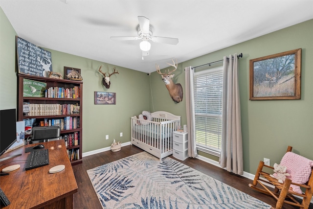 10400 Marigold Rd, Waco, TX 76708 - bedroom featuring wood finished floors, baseboards, an office area, and ceiling fan