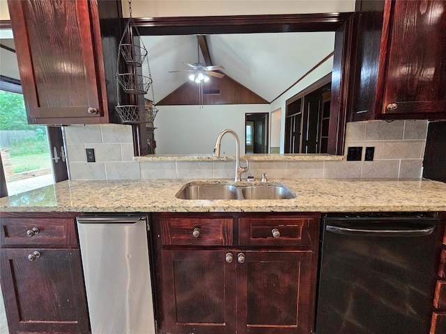 236 La Jolla Dr, Athens, TX 75751 - kitchen featuring black dishwasher, a sink, a ceiling fan, light stone countertops, and vaulted ceiling