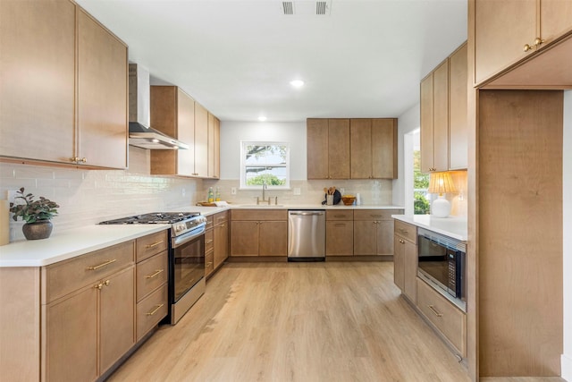 2626 Club Meadow Dr, Garland, TX 75043 - kitchen featuring stainless steel appliances, wall chimney exhaust hood, a sink, light wood-type flooring, and backsplash