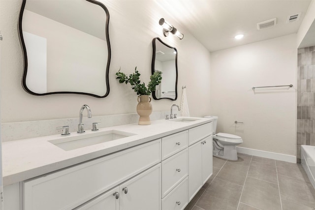 2626 Club Meadow Dr, Garland, TX 75043 - full bath featuring double vanity, toilet, tile patterned floors,  shower combination, and recessed lighting
