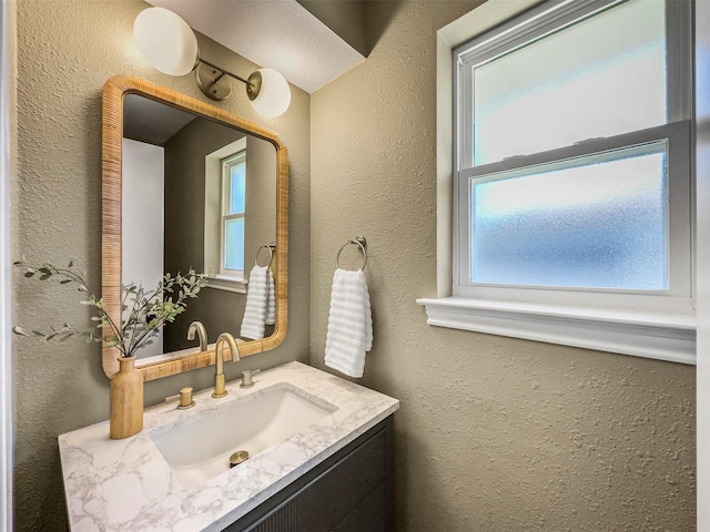 2626 Club Meadow Dr, Garland, TX 75043 - bathroom with a textured wall, healthy amount of natural light, and vanity