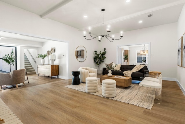 2626 Club Meadow Dr, Garland, TX 75043 - living room with a chandelier, wood finished floors, recessed lighting, baseboards, and stairs