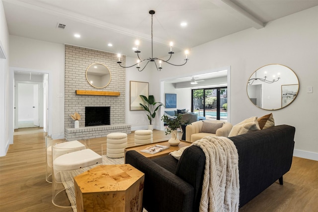 2626 Club Meadow Dr, Garland, TX 75043 - living room with light wood-type flooring, baseboards, a brick fireplace, recessed lighting, and beamed ceiling