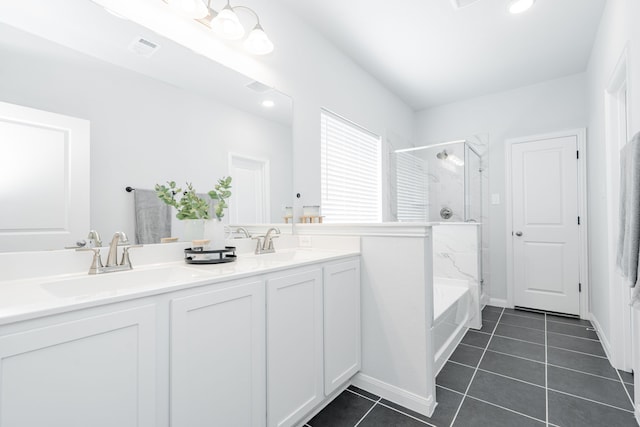 2049 Hartley Dr, Forney, TX 75126 - full bathroom with a shower with shower door, double vanity, tile patterned flooring, a bathtub, and recessed lighting
