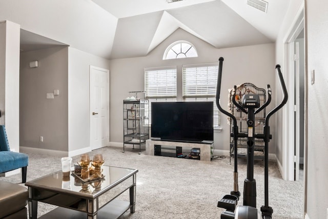 14237 Sugar Hill Dr, Little Elm, TX 75068 - living area with carpet floors, lofted ceiling, and baseboards