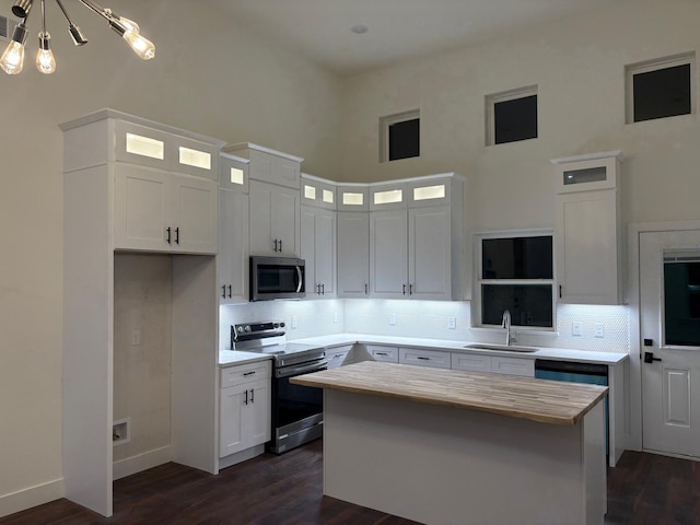 5518 Cold Water Trl, Granbury, TX 76048 - kitchen featuring stainless steel appliances, butcher block countertops, a sink, tasteful backsplash, and a high ceiling