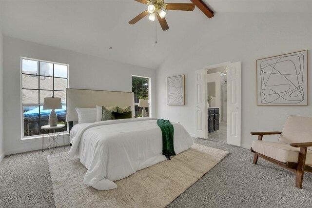 4909 Berkeley Ct, Garland, TX 75043 - carpeted bedroom featuring beam ceiling, baseboards, a ceiling fan, high vaulted ceiling, and connected bathroom