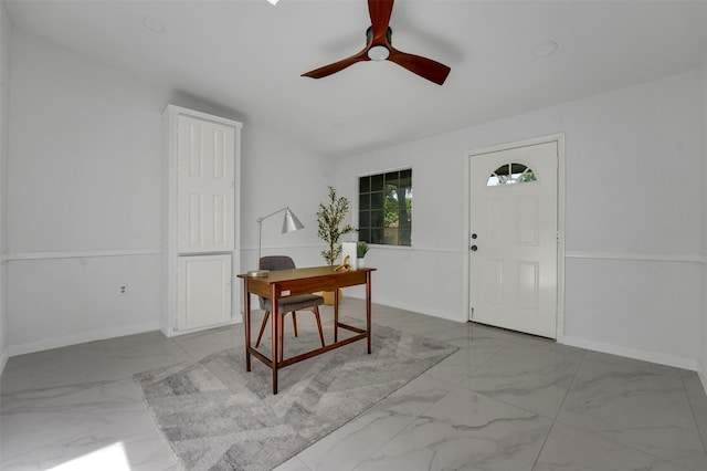 4909 Berkeley Ct, Garland, TX 75043 - entrance foyer featuring marble finish floors, lofted ceiling, ceiling fan, and baseboards