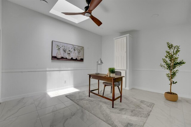 4909 Berkeley Ct, Garland, TX 75043 - office space with marble finish flooring, a skylight, ceiling fan, and baseboards