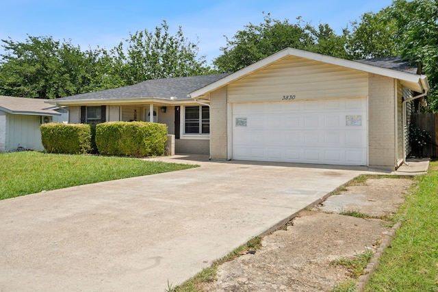 3830 Rainier St, Irving, TX 75062 - single story home with brick siding, concrete driveway, a garage, a shingled roof, and a front yard