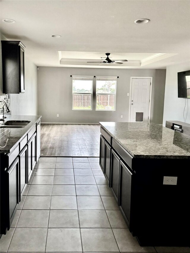 2237 Heaton St, Forney, TX 75126 - kitchen featuring a sink, a raised ceiling, and dark cabinetry