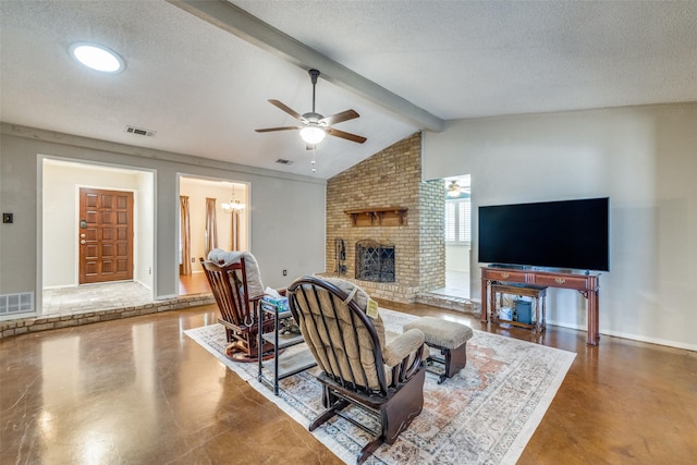 6400 Kingswood Dr, Fort Worth, TX 76133 - living area with concrete flooring, a ceiling fan, a fireplace, a chandelier, and a textured ceiling