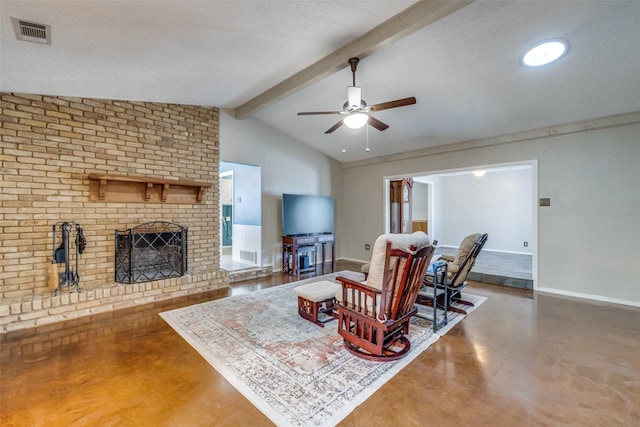 6400 Kingswood Dr, Fort Worth, TX 76133 - living room featuring finished concrete flooring, a ceiling fan, a brick fireplace, and baseboards