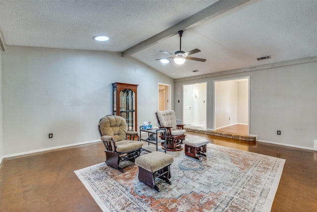 6400 Kingswood Dr, Fort Worth, TX 76133 - living area featuring a ceiling fan, a textured ceiling, concrete flooring, and baseboards