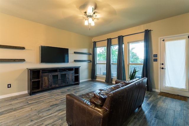 4825 Lazy Oaks St, Fort Worth, TX 76244 - living area featuring wood finished floors, baseboards, a fireplace, and a ceiling fan