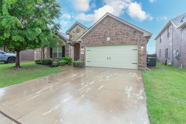 4825 Lazy Oaks St, Fort Worth, TX 76244 - view of front of home featuring brick siding, an attached garage, a front lawn, driveway, and central AC