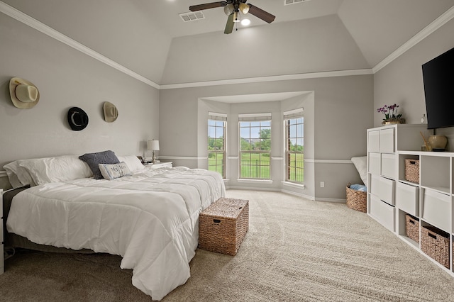 11404 Grapeleaf Dr, Fort Worth, TX 76244 - carpeted bedroom featuring high vaulted ceiling, ornamental molding, a ceiling fan, and baseboards