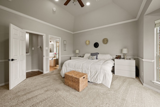 11404 Grapeleaf Dr, Fort Worth, TX 76244 - carpeted bedroom with baseboards, ensuite bathroom, a ceiling fan, crown molding, and high vaulted ceiling