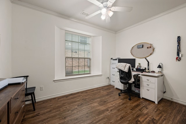 11404 Grapeleaf Dr, Fort Worth, TX 76244 - office area with crown molding, dark wood finished floors, ceiling fan, and baseboards