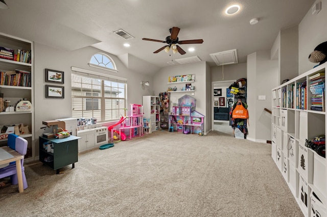 11404 Grapeleaf Dr, Fort Worth, TX 76244 - game room featuring attic access, ceiling fan, carpet floors, and vaulted ceiling