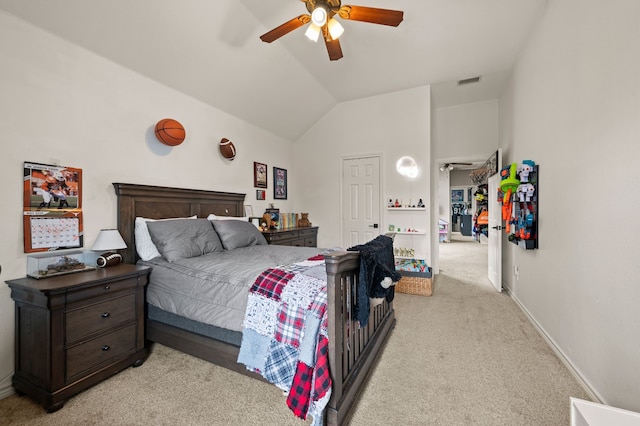 11404 Grapeleaf Dr, Fort Worth, TX 76244 - bedroom featuring light colored carpet, vaulted ceiling, baseboards, and ceiling fan