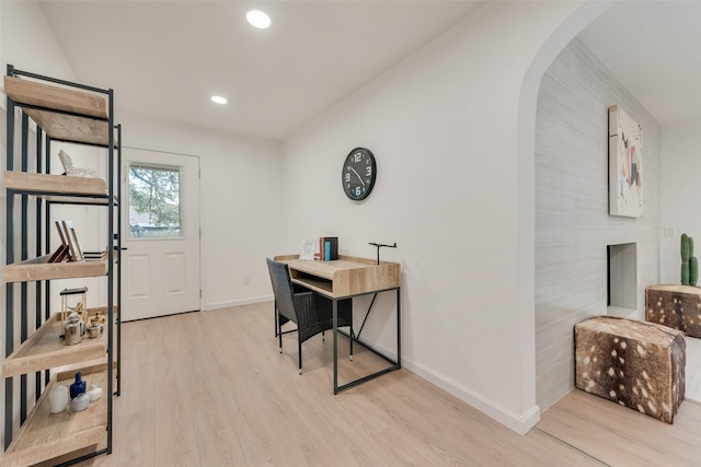 1720 Meadow Valley Ln, Dallas, TX 75232 - office featuring arched walkways, wood finished floors, baseboards, and recessed lighting