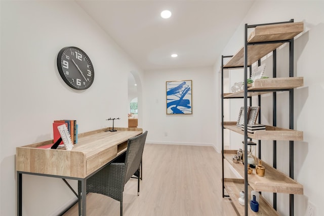 1720 Meadow Valley Ln, Dallas, TX 75232 - office featuring wood finished floors, arched walkways, recessed lighting, and baseboards