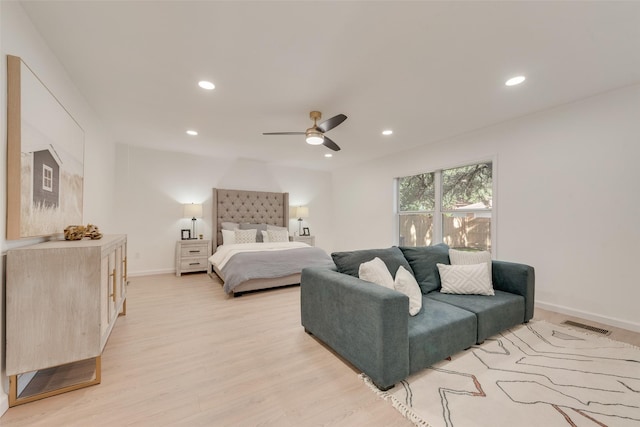 1720 Meadow Valley Ln, Dallas, TX 75232 - bedroom featuring light wood finished floors, recessed lighting, ceiling fan, and baseboards