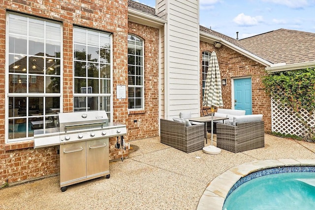 1529 Arrowhead Ln, Carrollton, TX 75007 - view of patio with a swimming pool, a grill, and outdoor dining space