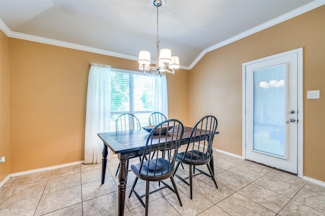 5710 Salisbury Dr, Prosper, TX 75078 - dining area with ornamental molding, a chandelier, baseboards, light tile patterned floors, and lofted ceiling