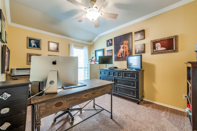 5710 Salisbury Dr, Prosper, TX 75078 - carpeted office featuring crown molding, a ceiling fan, vaulted ceiling, and baseboards