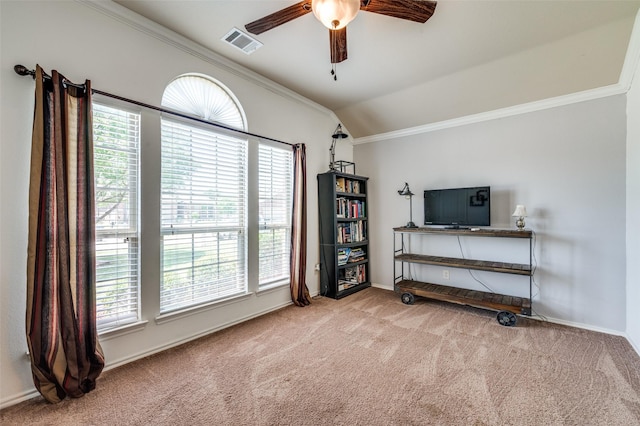 5710 Salisbury Dr, Prosper, TX 75078 - home office with crown molding, carpet, ceiling fan, plenty of natural light, and baseboards