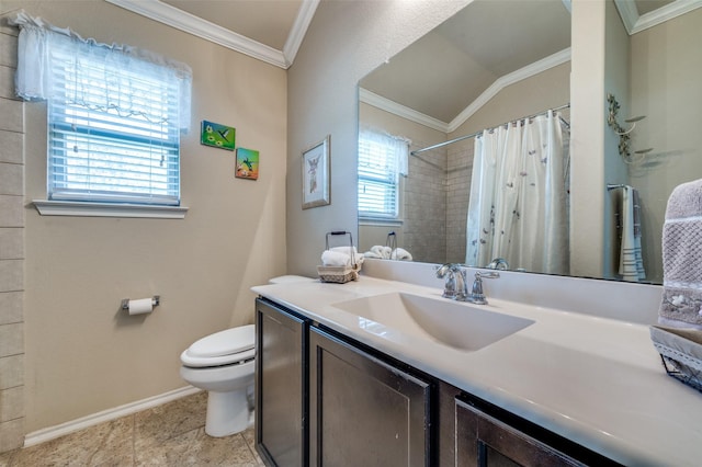 5710 Salisbury Dr, Prosper, TX 75078 - full bathroom with toilet, healthy amount of natural light, ornamental molding, vanity, and vaulted ceiling