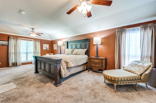 5710 Salisbury Dr, Prosper, TX 75078 - carpeted bedroom featuring lofted ceiling, ornamental molding, and ceiling fan