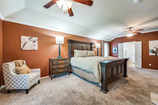 5710 Salisbury Dr, Prosper, TX 75078 - carpeted bedroom with lofted ceiling, baseboards, ceiling fan, and crown molding