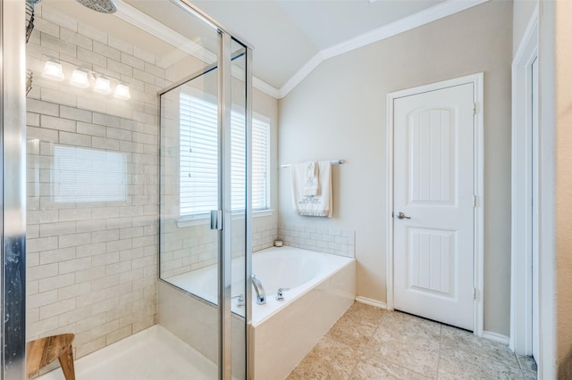 5710 Salisbury Dr, Prosper, TX 75078 - full bathroom with ornamental molding, a shower stall, a garden tub, tile patterned flooring, and lofted ceiling