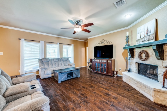 5710 Salisbury Dr, Prosper, TX 75078 - living room with ceiling fan, hardwood / wood-style floors, a stone fireplace, crown molding, and baseboards