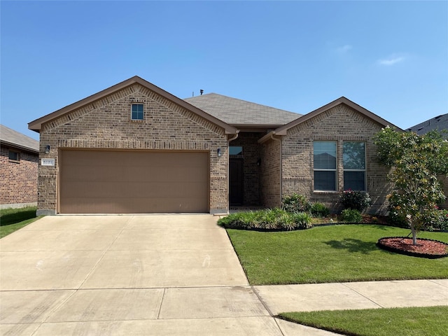 1037 Madelia Ave, Fort Worth, TX 76177 - ranch-style house with brick siding, an attached garage, a front lawn, driveway, and a shingled roof
