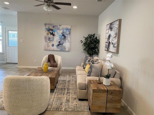 1037 Madelia Ave, Fort Worth, TX 76177 - tiled living room with a ceiling fan, baseboards, and recessed lighting
