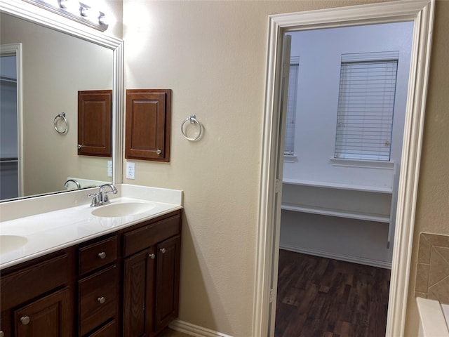 1705 Spanish Moss Way, Savannah, TX 76227 - bathroom with double vanity, a walk in closet, wood finished floors, and a tub