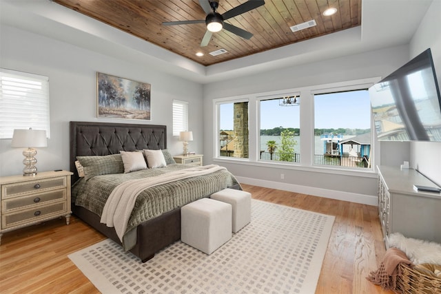 18280 Red Oak Dr, Mabank, TX 75156 - bedroom with wood ceiling, a tray ceiling, baseboards, light wood-style flooring, and ceiling fan